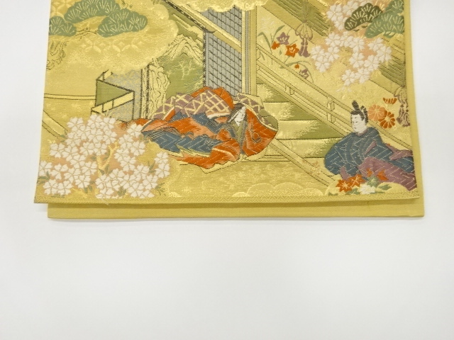  木々に屋敷・人物模様織出し全通袋帯